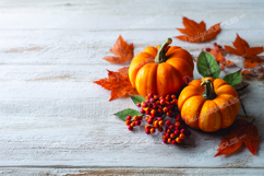 Pumpkins with Autumn Leaves Berries White Wooden Background Product Image 1