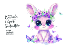 Cute bunny with flowers watercolor clipart png Product Image 1