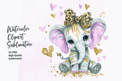 Baby Elephant with Bow Hearts Watercolor Clipart Sublimation Product Image 1