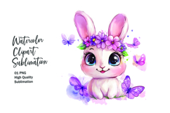 Cute bunny with flowers watercolor clipart png Product Image 1