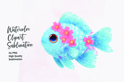 Blue Fish with Flower Crown Watercolor Clipart Sublimation Product Image 1