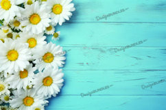 Daisy flowers on blue wooden background spring digital paper Product Image 1