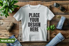Large white t-shirt mockup on rustic board with jean Product Image 1
