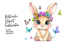 Cute bunny with flowers watercolor clipart png Product Image 1