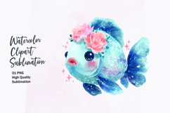 Blue Fish with Flower Crown Watercolor Clipart Sublimation Product Image 1