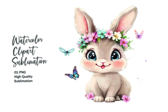 Cute bunny with flowers watercolor clipart png Product Image 1
