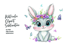 Cute bunny with flowers watercolor clipart png Product Image 1