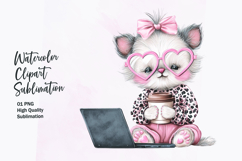 Cute Cat with Coffee Laptop Watercolor Clipart Sublimation Product Image 1