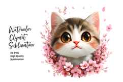 Cat with flowers watercolor clipart png Product Image 1