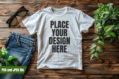 Large white t-shirt mockup on rustic board with jean Product Image 1
