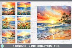 Bundle of six Watercolor Ocean Square Coaster designs.