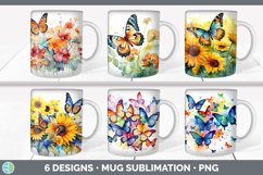 Bundle of six Watercolor Butterflies Mug Wrap designs.
