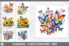 Bundle of six Watercolor Butterflies Square Coaster designs.