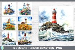 Bundle of six Watercolor Lighthouse Square Coaster designs.