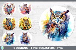 Bundle of six Watercolor Owls Round Coaster designs.
