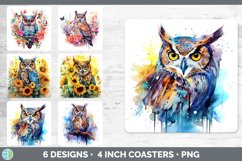 Bundle of six Watercolor Owls Square Coaster designs.