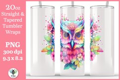 Watercolor owl being shown on a 20oz skinny tumbler