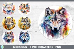 Bundle of six Watercolor Wolves Round Coaster designs.