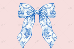 Blue Watercolor Toile Coquette Bow Product Image 3