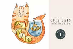 Watercolor cute cats sublimation. Nautical clipart Product Image 1