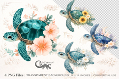 Floral Sea Turtle Clipart Bundle | 4 PNG sublimation designs Product Image 1