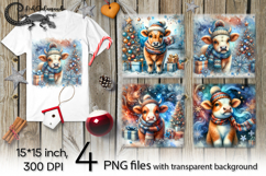 Watercolor christmas cow | 4 retro PNG Sublimation designs Product Image 1