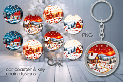 Xmas landscape Embroidery | 4 Car coaster &amp; 4 key chain Product Image 1