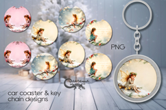 Vintage Christmas | 4 Car coaster &amp; 4 key chain design PL2 Product Image 1