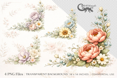 Floral Corner Clipart Bundle | 4 PNG sublimation designs Product Image 1
