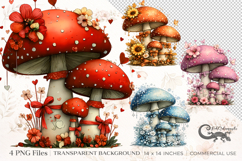 Whimsical Mushroom Clipart set | 4 PNG sublimation designs Product Image 1