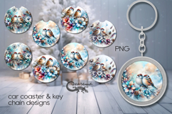 Christmas birds | 4 xmas Car coaster &amp; 4 key chain design Product Image 1