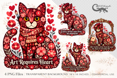 Folk Art Cat Clipart Bundle | 4 PNG sublimation designs Product Image 1
