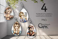 Coffee girl | Teardrop earring cartoon Sublimation designs 2 Product Image 1