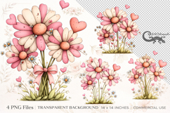Pink Heart Daisy Flower Clipart | 4 PNG sublimation designs Product Image 1