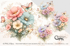Beautiful Flowers Butterfly Clipart Set | 4 PNG sublimation Product Image 1