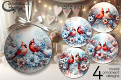 Christmas Cardinal | 4 round ornaments sublimation designs Product Image 1