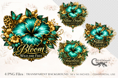 Teal Hibiscus Floral Clipart set | 4 PNG sublimation designs Product Image 1