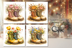 Floral Boot Coasters | 4 square coasters sublimation designs Product Image 1