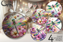 Dragonfly | 4 watercolor round ornaments sublimation designs Product Image 1