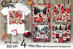 Christmas patchwork landscape | 4 PNG Sublimation designs Product Image 1