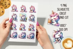 Unicorn and coffee time printable stickers. PNG, JPG Product Image 2