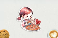 Cute girl and her kitten printable stickers 3. PNG. Product Image 3