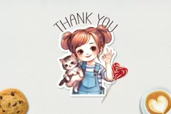 Cute girl and her kitten printable stickers 2. PNG. Product Image 3