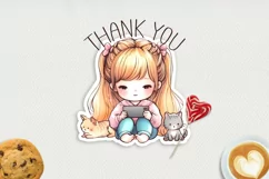 Cute girl and her kitten printable stickers. PNG. Product Image 3
