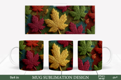 Cozy Fall Mug Sublimation Wrap. Knitting Leaves PNG Product Image 1