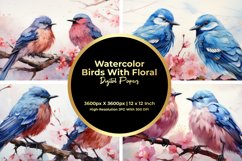 Watercolor Birds With Floral Digital Paper Product Image 1