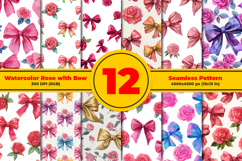Watercolor Rose with Bow Seamless Pattern and Digital paper Product Image 1