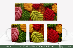 Cozy Fall Mug Sublimation Wrap. Knitting Leaves PNG Product Image 1