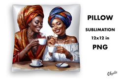 Black Women with Coffee Pillow Sublimation. Black Woman PNG Product Image 1
