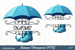 Autumn Monogram Sublimation. Blue Umbrella PNG Product Image 1
